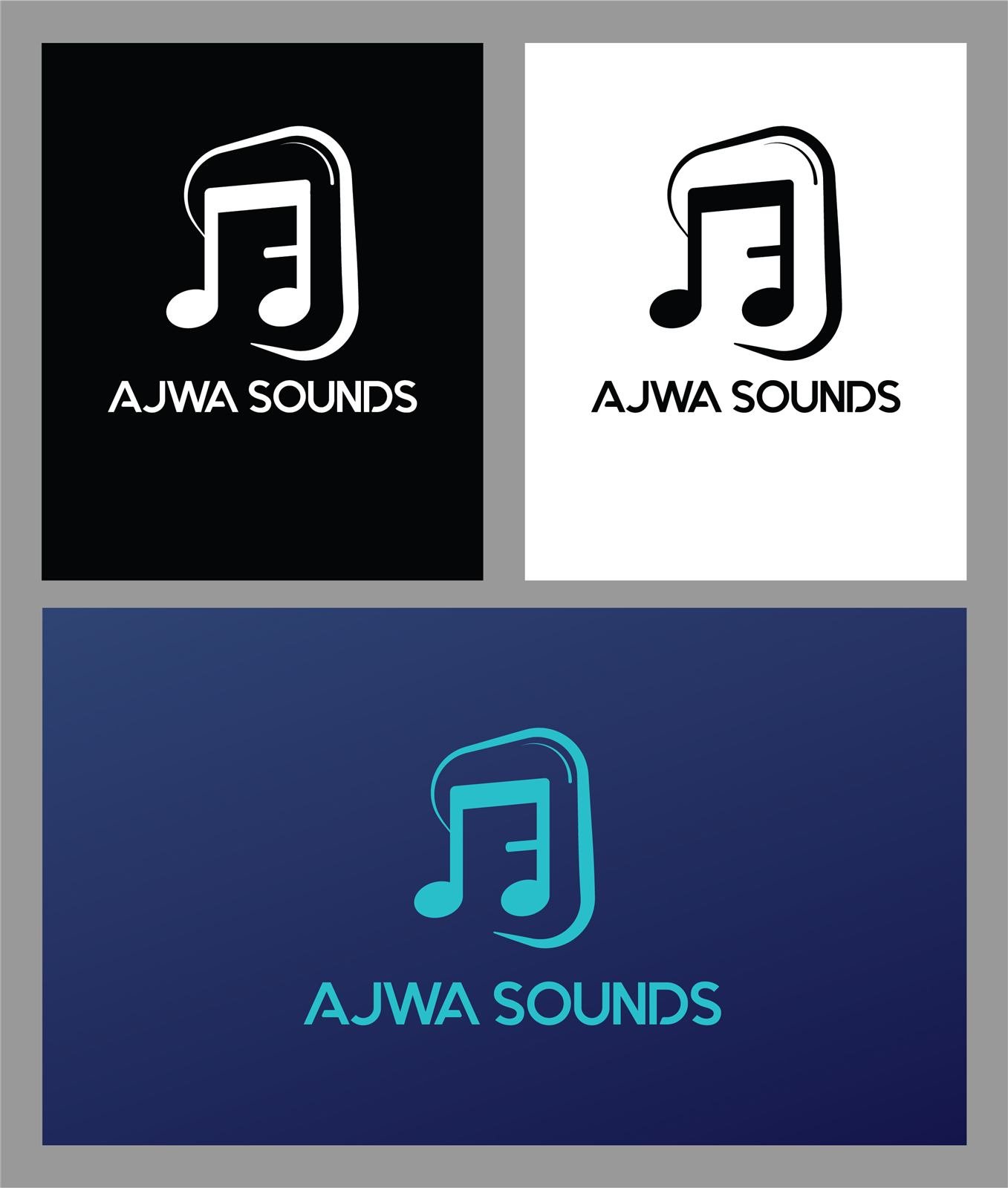 Ajwa Sounds logo in black, white and blue versions