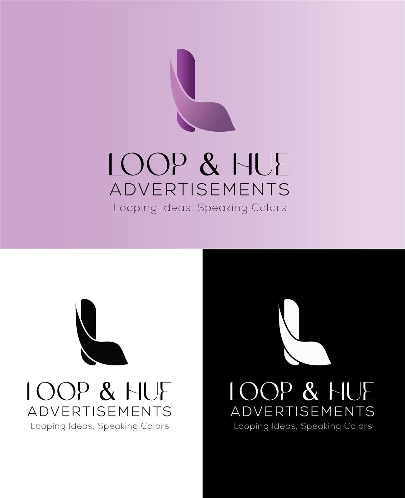 Loop and Hue Advertisements logo in colour, black and white versions