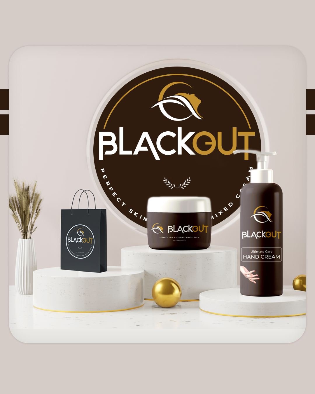 Blackout skincare packaging with jar, bottle and carry bag