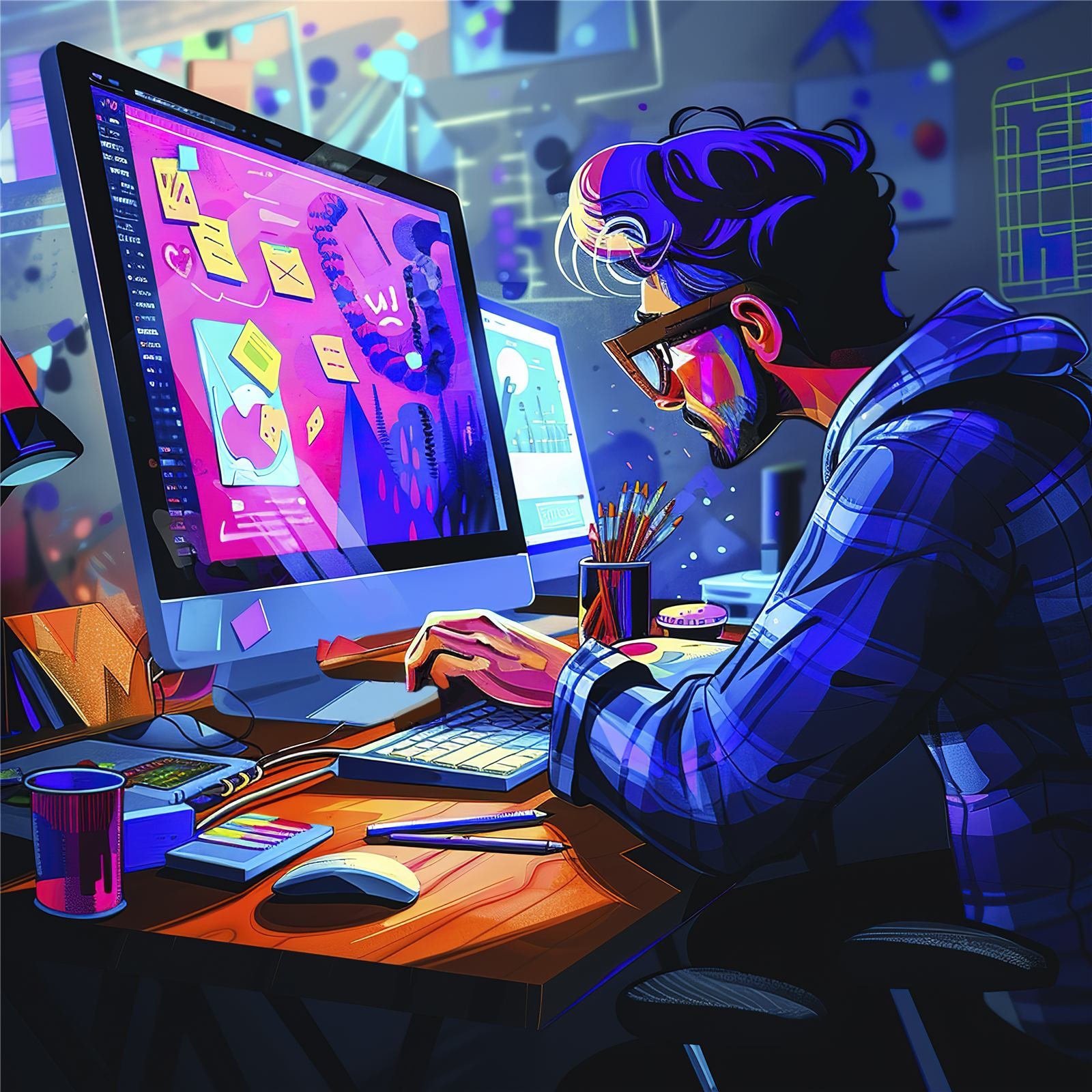 Illustrated designer building a website at a colourful desk