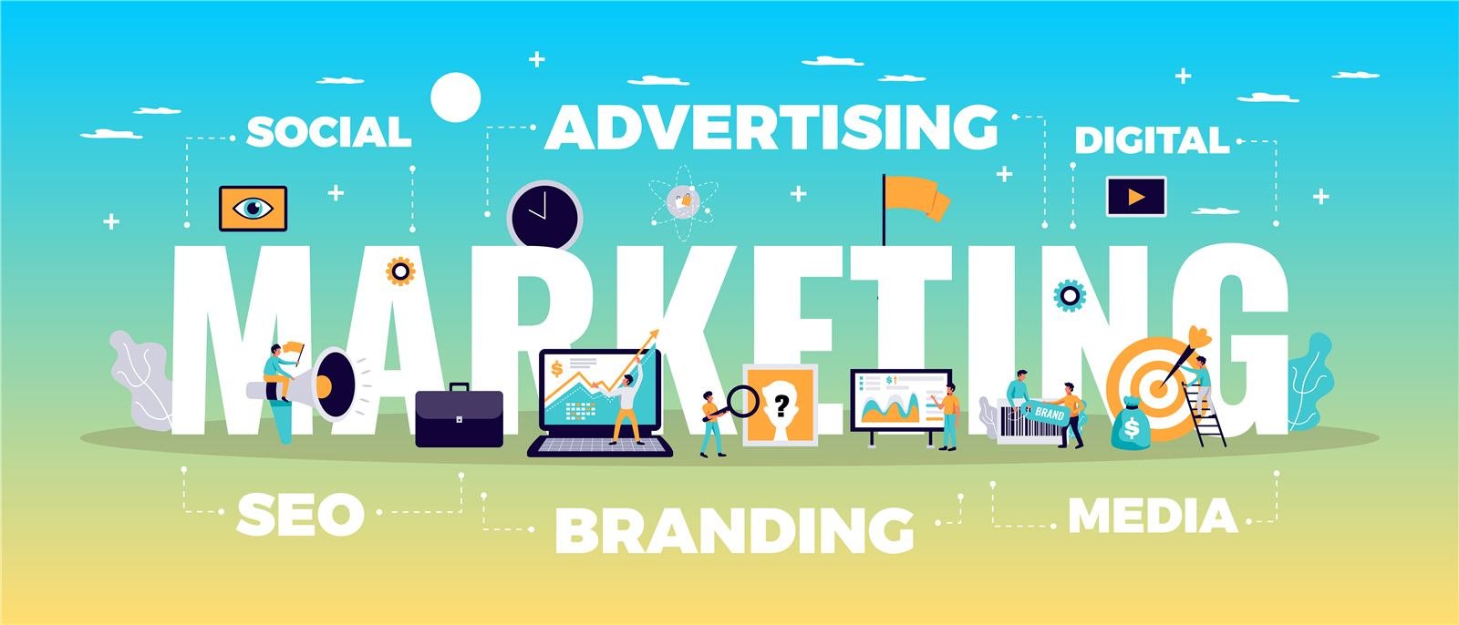 Illustration of social media, advertising, SEO and branding